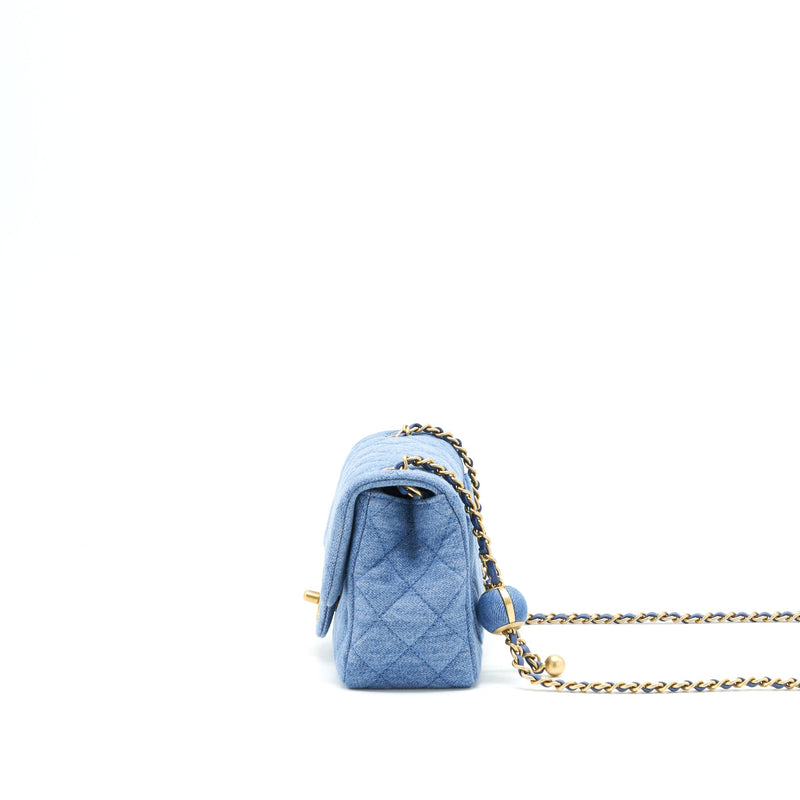 Chanel Blue Denim Quilted CC Pearl Crush Wallet On Chain WOC Gold