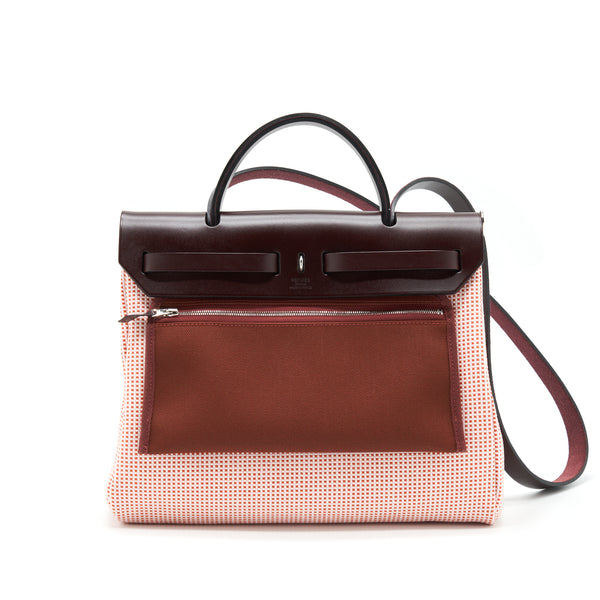 Hermes Herbag Zip 31 Toile And Leather Ecru-Brique-Mauve Pink/ Rouge Sellier SHW Stamp Z