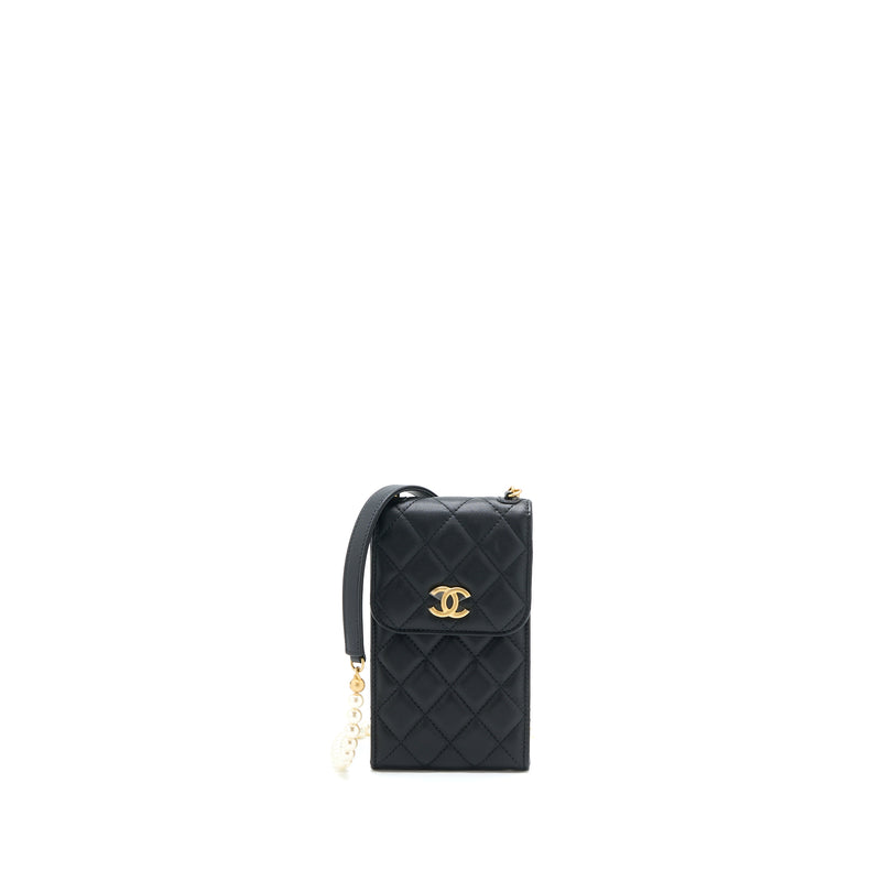 Chanel Phone Holder with Pearl Chain Lambskin Black Gold