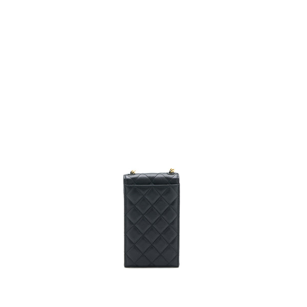 Chanel Vertical Flap Phone Pouch with Pearl Chain Lambskin Black Brushed GHW