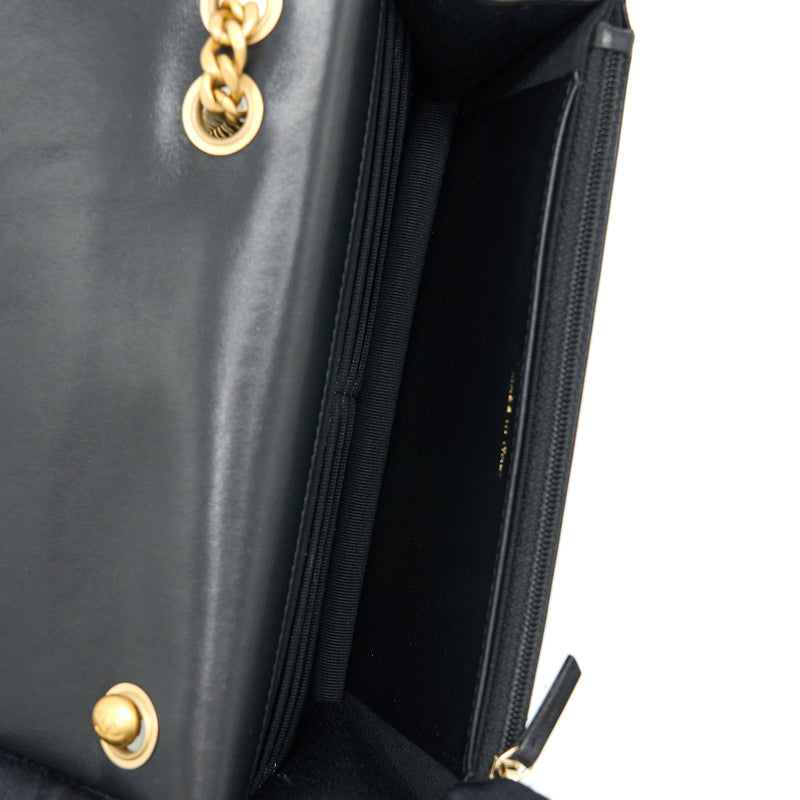 Chanel 22K Gold Pillar Wallet On Chain Lambskin Black Brushed GHW (Microchip)