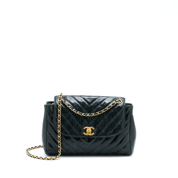 Chanel Chevron Hampton Flap Bag Aged Calfskin Dark Green GHW