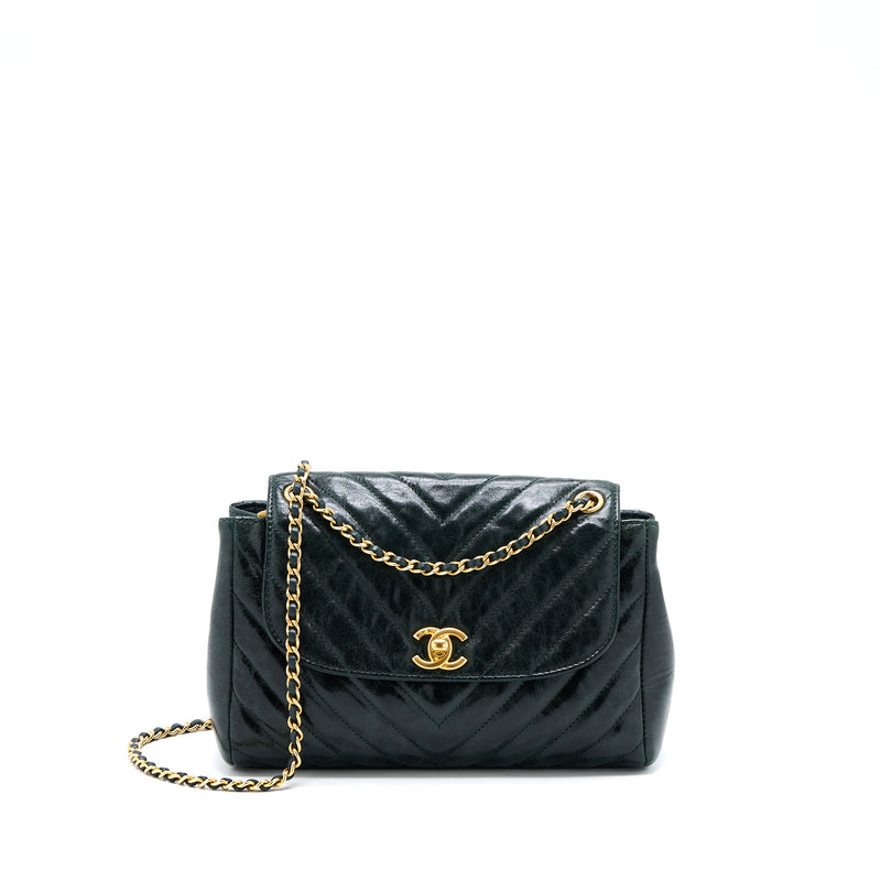 Chanel Chevron Hampton Flap Bag Aged Calfskin Dark Green GHW