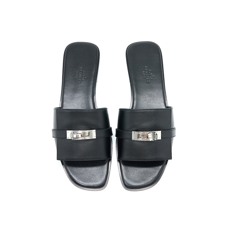 Hermes Size 38 Guilia Sandal Calfskin Black SHW