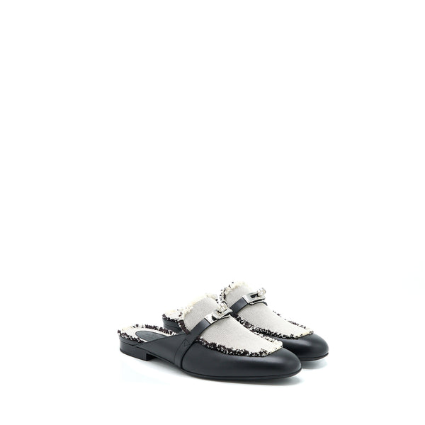 Hermes Size 38 Oz Mule in Calfskin/Fringed Canvas Black/Beige SHW