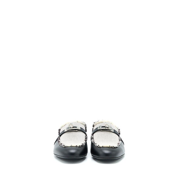 Hermes Size 38 Oz Mule in Calfskin/Fringed Canvas Black/Beige SHW