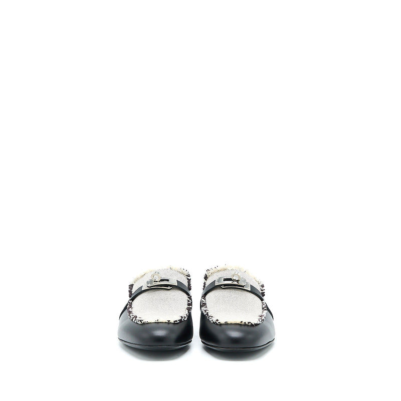 Hermes Size 38 Oz Mule in Calfskin/Fringed Canvas Black/Beige SHW