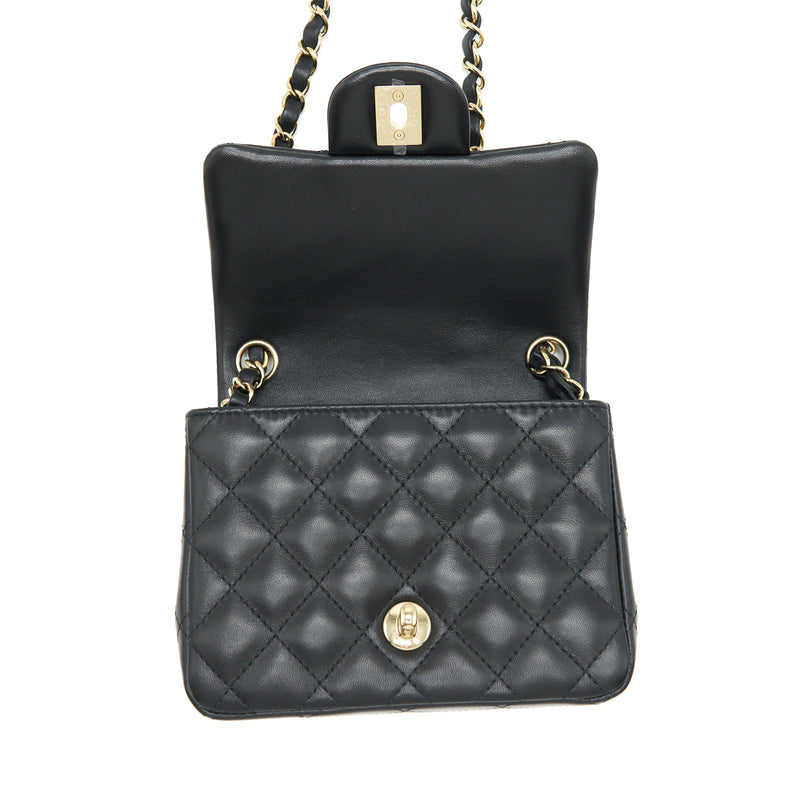 Chanel Mini Square Flap Bag Lambskin Black LGHW (Microchip)