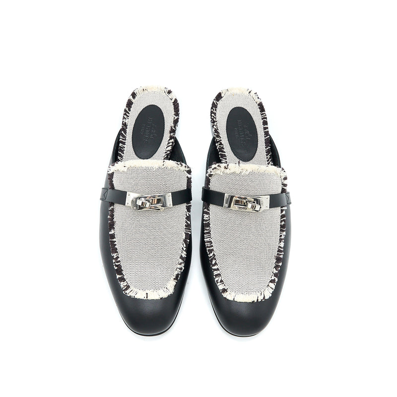 Hermes Size 38 Oz Mule in Calfskin/Fringed Canvas Black/Beige SHW