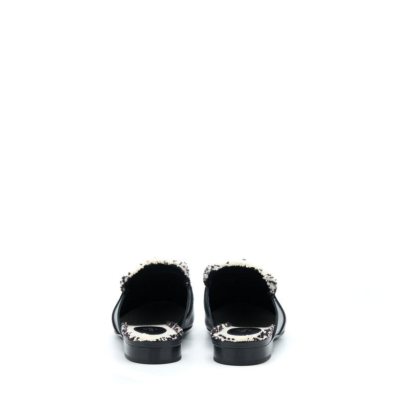 Hermes Size 38 Oz Mule in Calfskin/Fringed Canvas Black/Beige SHW