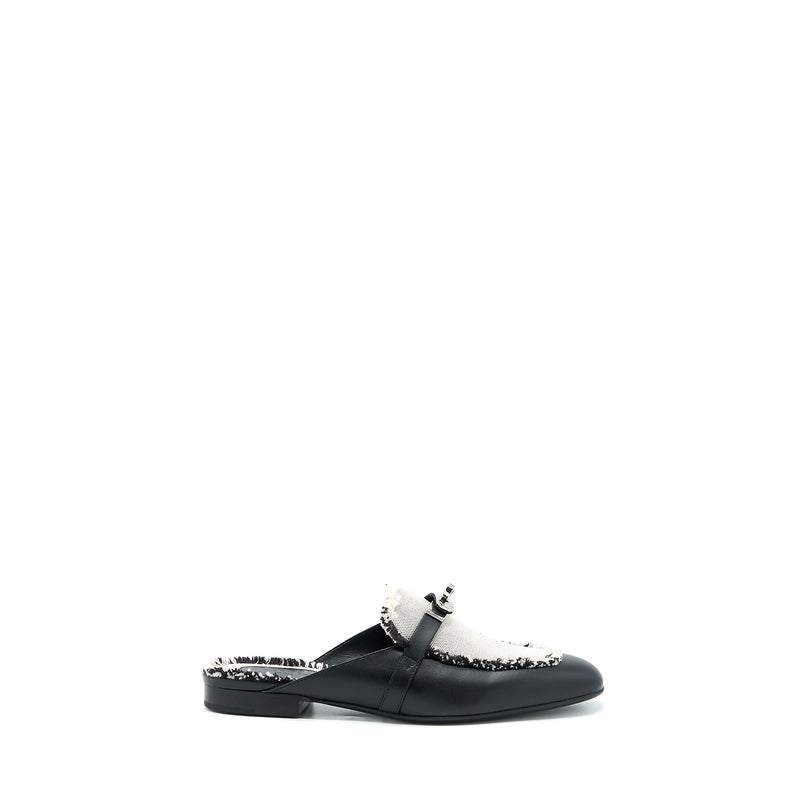 Hermes Size 38 Oz Mule in Calfskin/Fringed Canvas Black/Beige SHW