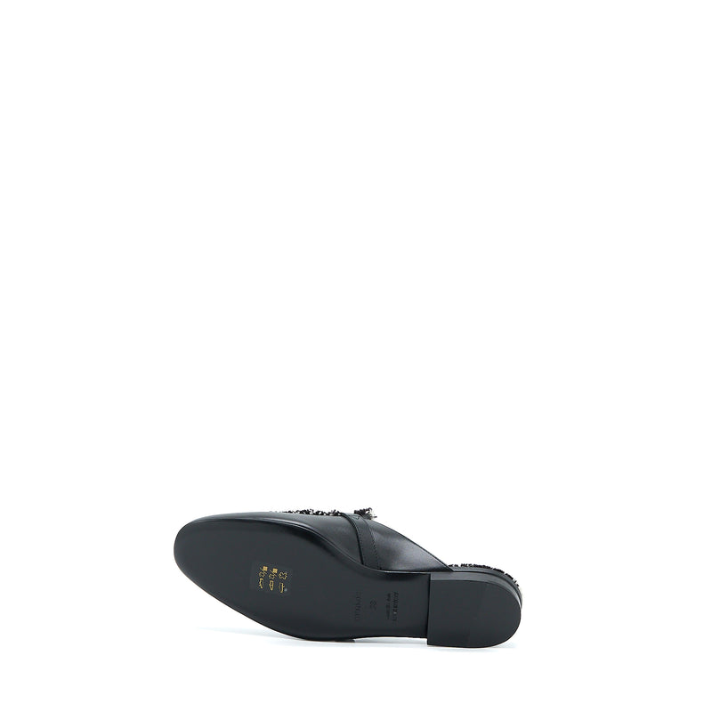 Hermes Size 38 Oz Mule in Calfskin/Fringed Canvas Black/Beige SHW