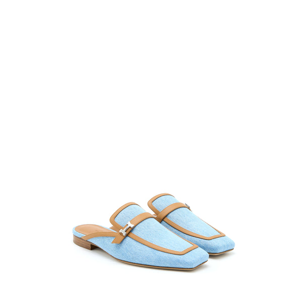 Hermes Size 38 Groupie Mule in Calfskin/Denim Blue Clair/Natural