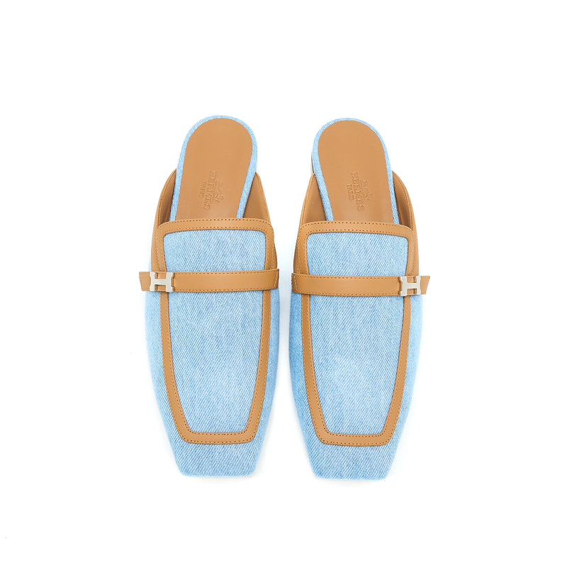 Hermes Size 38 Groupie Mule in Calfskin/Denim Blue Clair/Natural