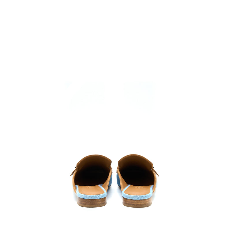 Hermes Size 38 Groupie Mule in Calfskin/Denim Blue Clair/Natural