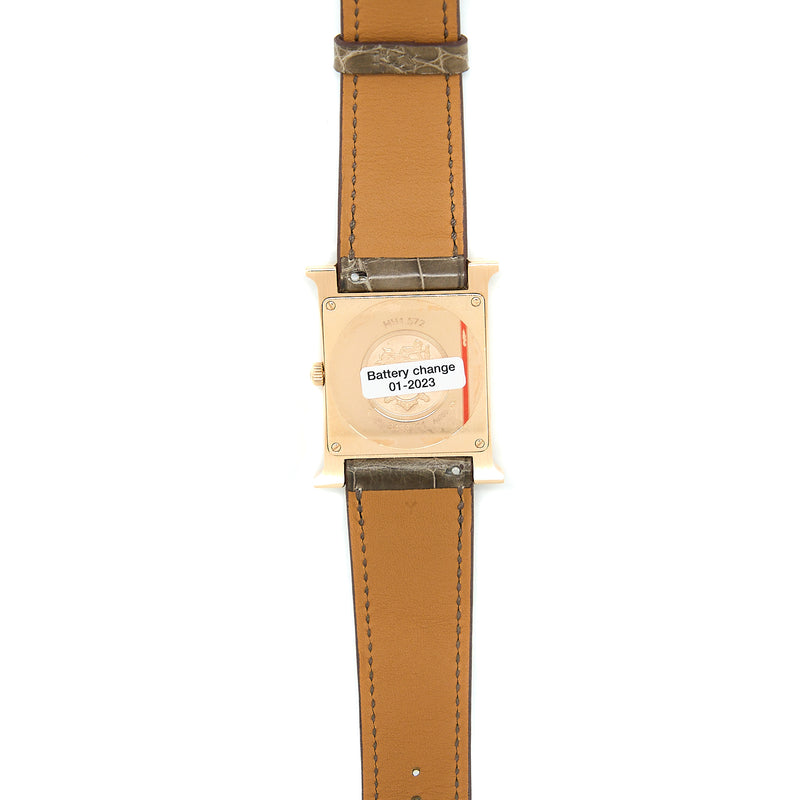 Hermes Heure H Watch Medium Model 30mm Rose Gold Mother of Pearl/Diamond Gem Set Case Alligator Strap