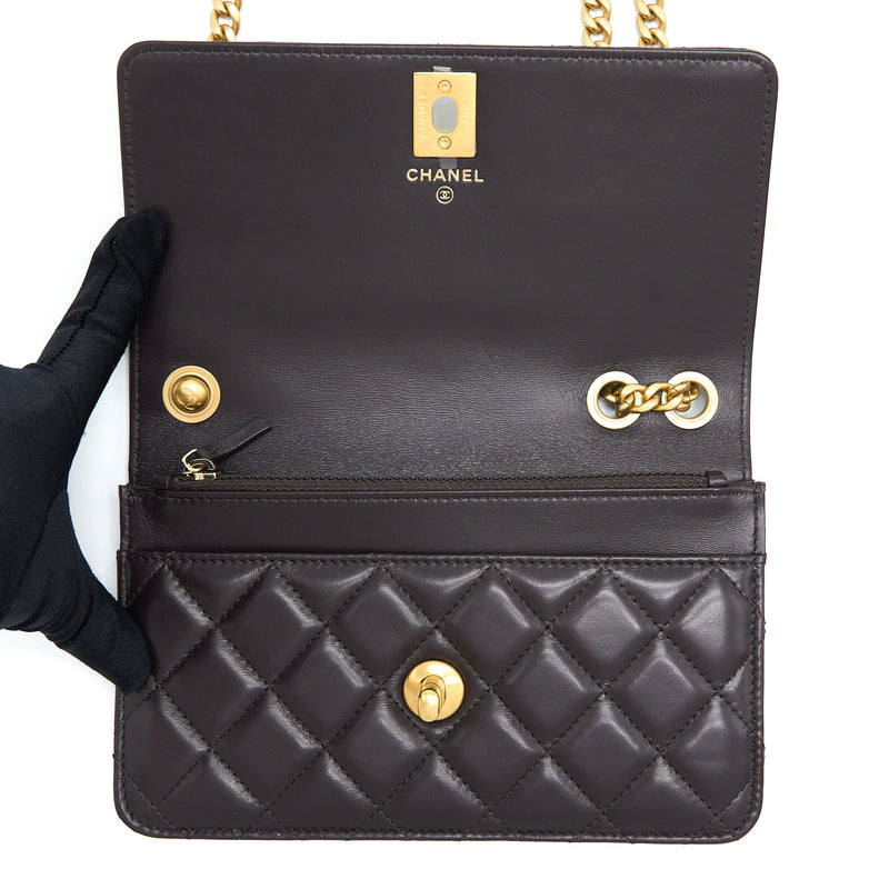 Chanel Gold Pillar Wallet On Chain Lambskin Dark Brown Brushed GHW(Microchip)