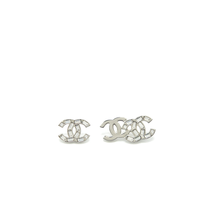 Chanel CC Logo Earring With Crystal Sliver Tone