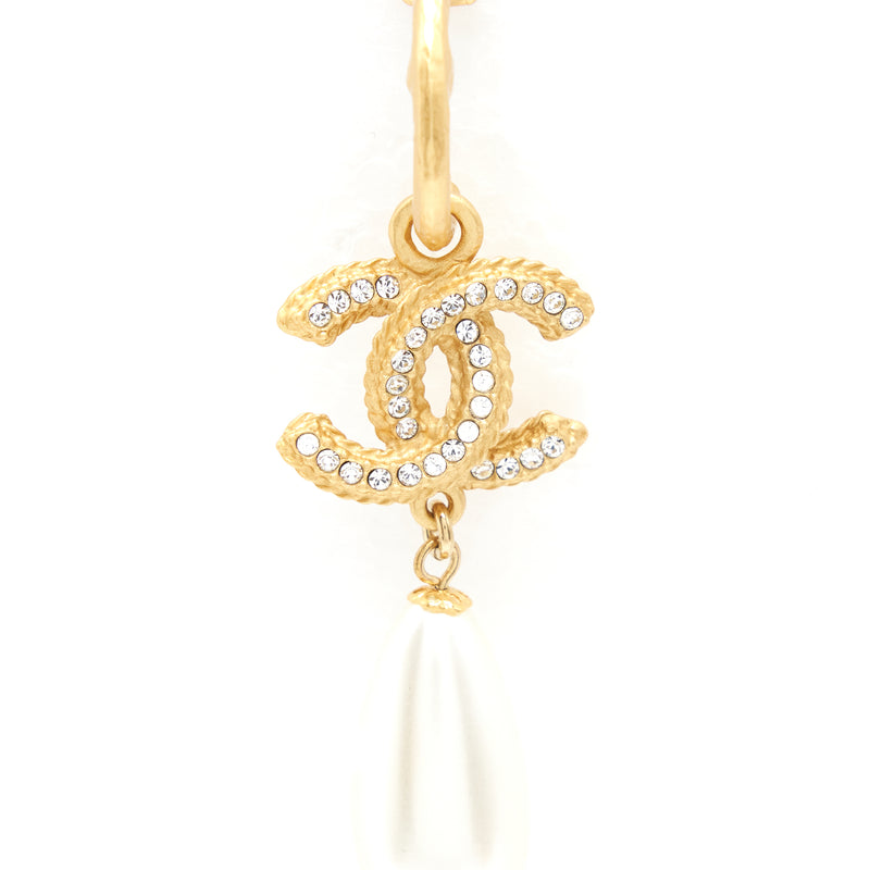 Chanel CC Pearl Drop Earrings Gold Tone