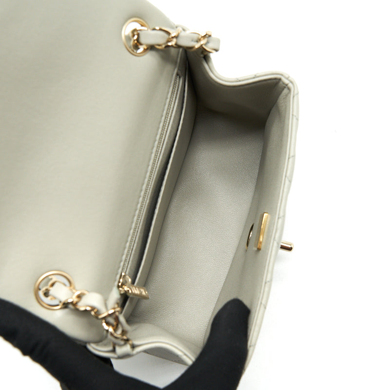 Chanel 22C Mini Square Flap Bag Lambskin Light Grey LGHW (Microchip)