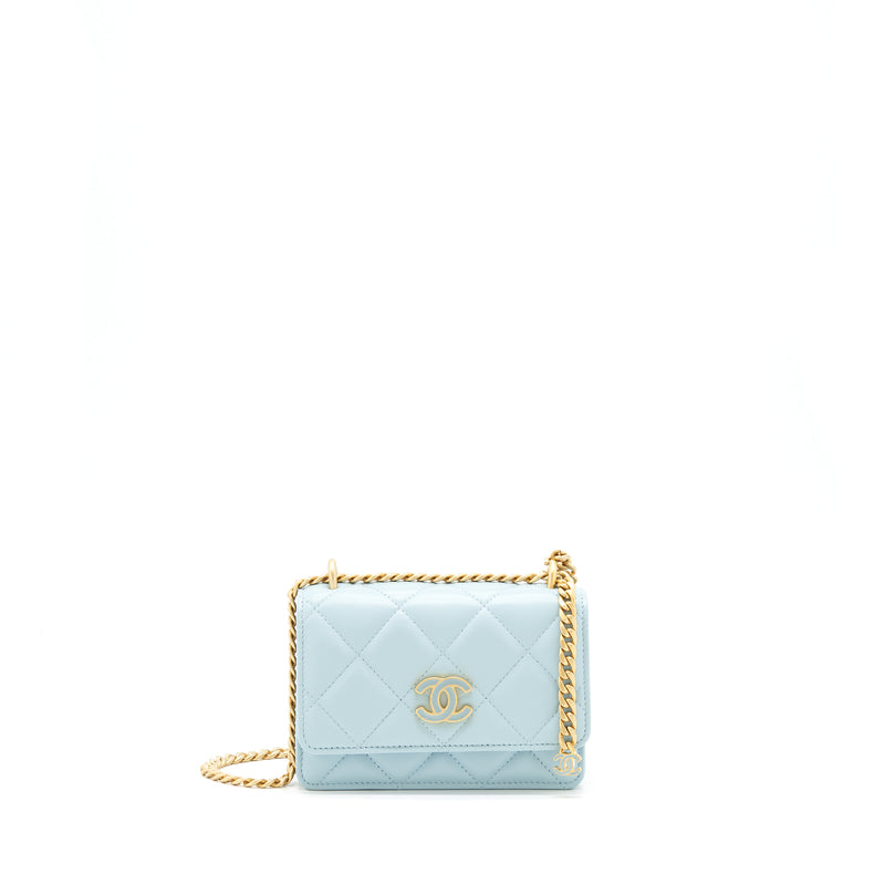 Chanel 22P Blue Quilted Lambskin Top Handle Clutch On Chain