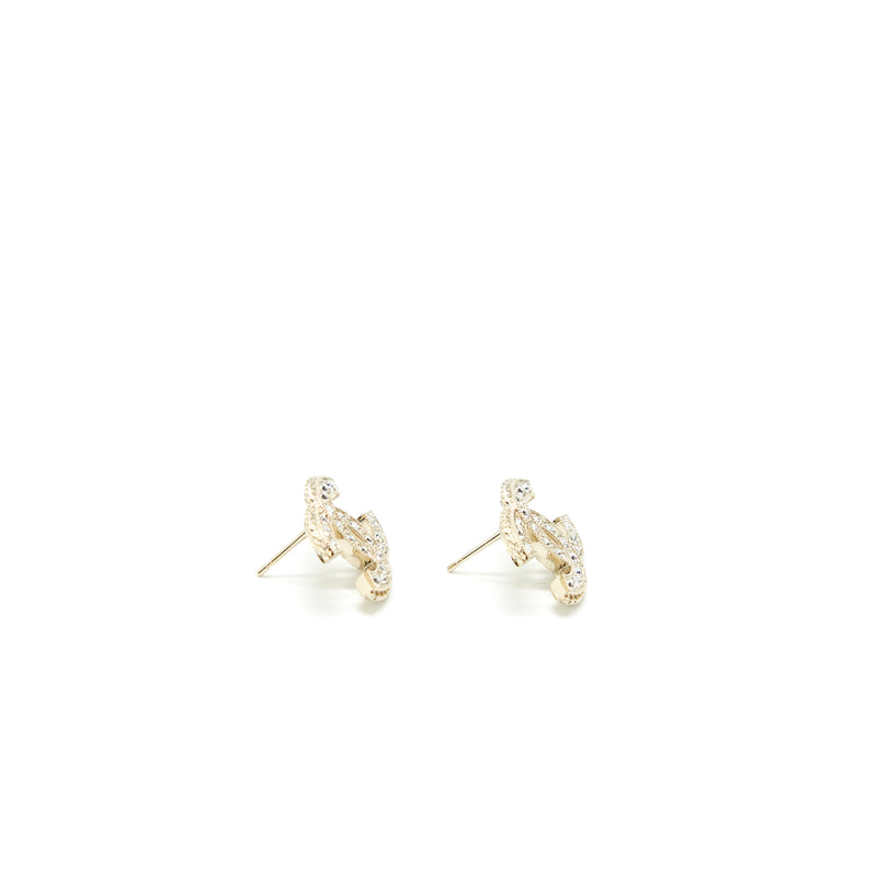 Chanel CC Logo Crystal Earring Light Gold Tone