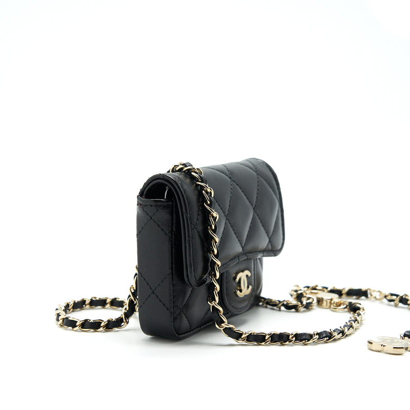 Chanel Flap Card Holder Belt Bag With Chain Lambskin Black LGHW