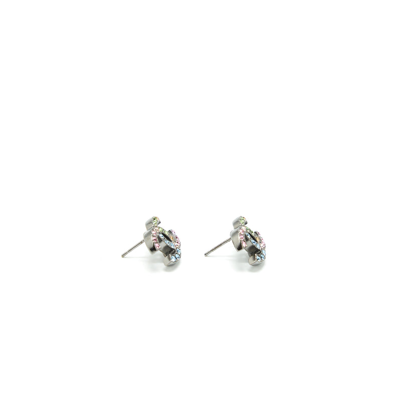 Chanel 22S CC Logo Rainbow Crystal Earrings Sliver Tone