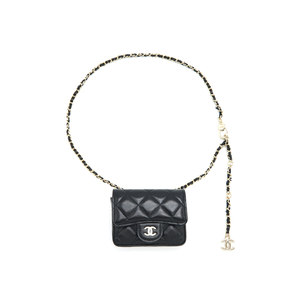 Chanel Flap Card Holder Belt Bag With Chain Lambskin Black LGHW
