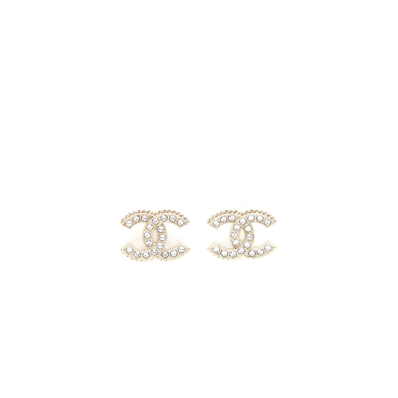 Chanel CC Logo Crystal Earring Light Gold Tone