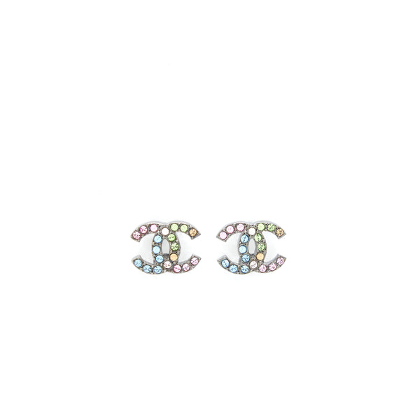 Chanel 22S CC Logo Rainbow Crystal Earrings Sliver Tone