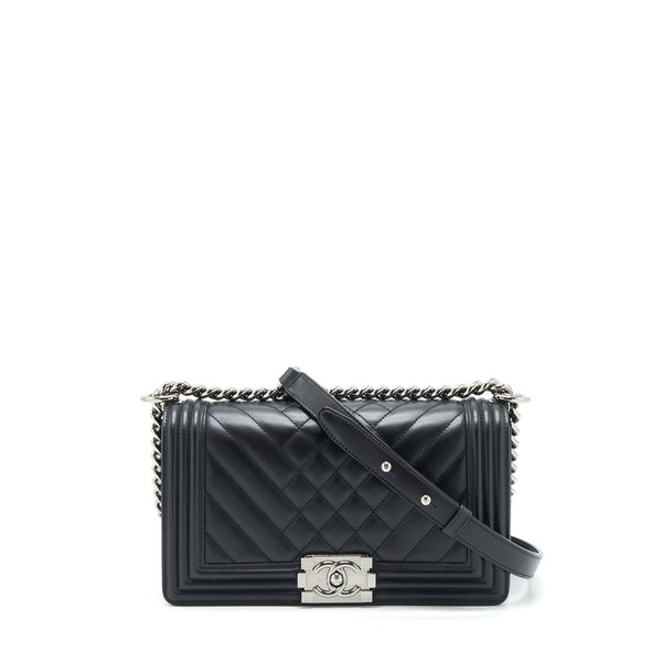 Chanel Medium Boy Bag Quilted And Chevron Calfskin Black SHW