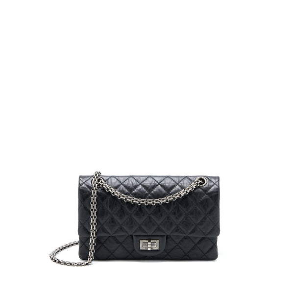CHANEL 2.55 HANDBAG - REISSUE IN BLACK CAVIAR LEATHER AND RUTHINEUM  HARDWARE (SIZE 225) 