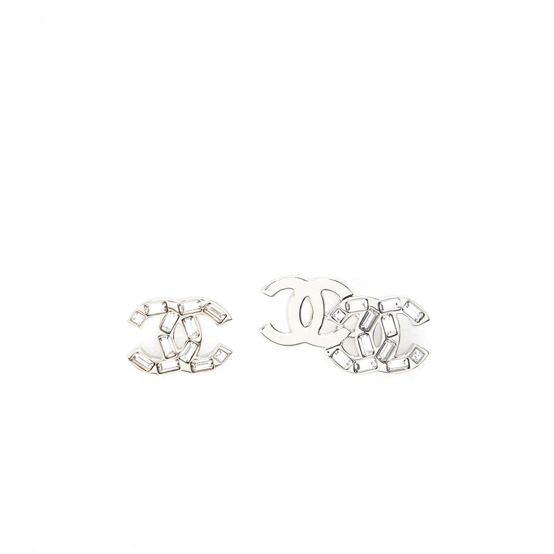 Chanel CC Logo Earrings With Crystal Sliver Tone