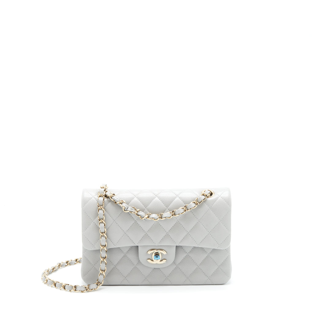 Chanel Grey Caviar Small Classic Double Flap Bag Light Gold Hardware –  Madison Avenue Couture