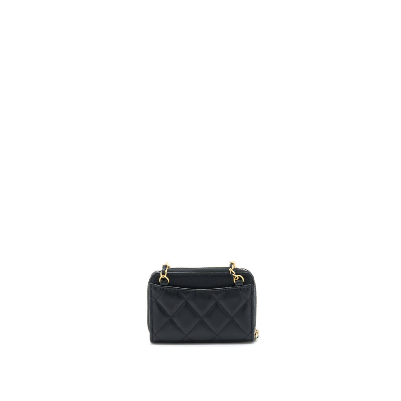 Chanel 22C Pearl Crush Card holder With Chain Lambskin Black GHW