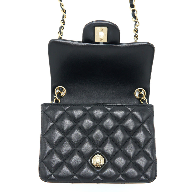 Chanel Classic Mini Square Flap Bag Lambskin Black LGHW (Microchip)
