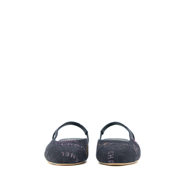 Chanel Size 36.5C Sling Back Flap Shoes Denim/ Leather Black