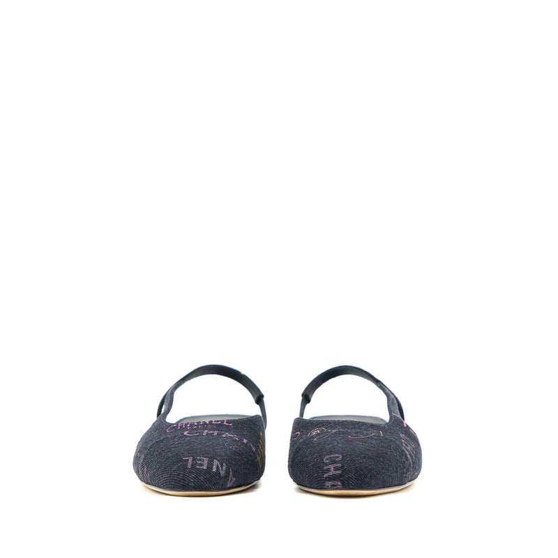 Chanel Size 36.5C Sling Back Flap Shoes Denim/ Leather Black