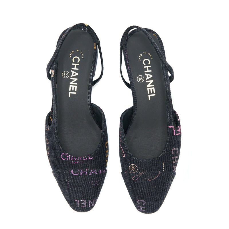 Chanel Size 36.5C Sling Back Flap Shoes Denim/ Leather Black