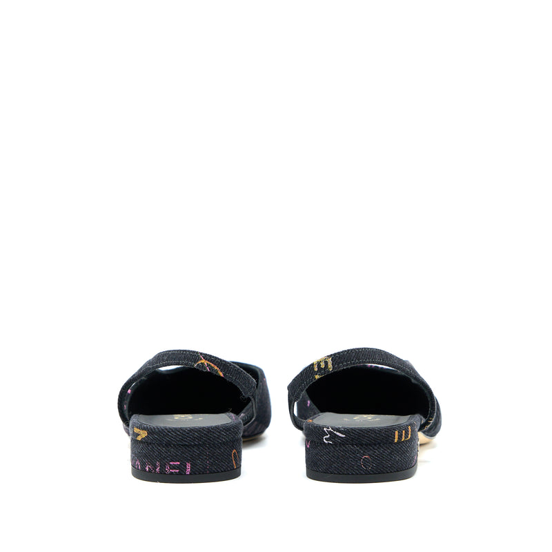 Chanel Size 36.5C Sling Back Flap Shoes Denim/ Leather Black