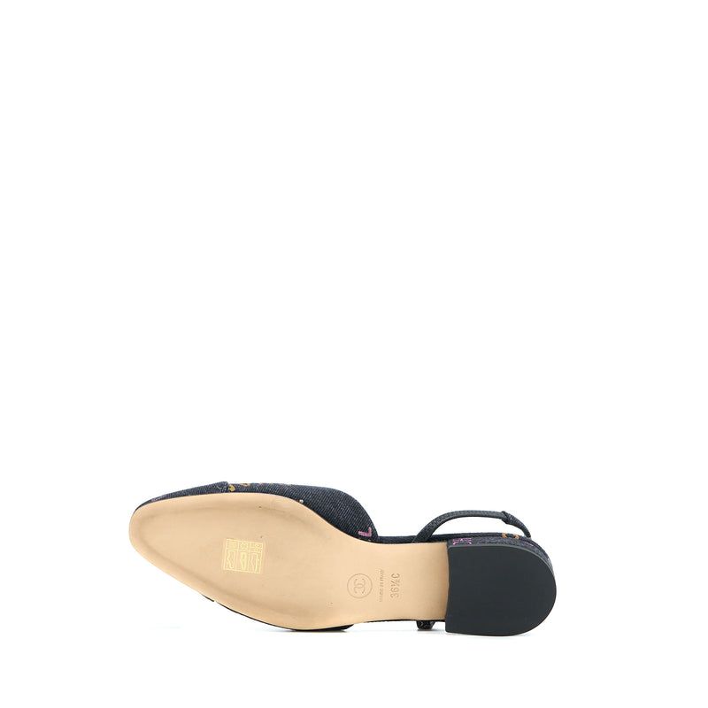 Chanel Size 36.5C Sling Back Flap Shoes Denim/ Leather Black