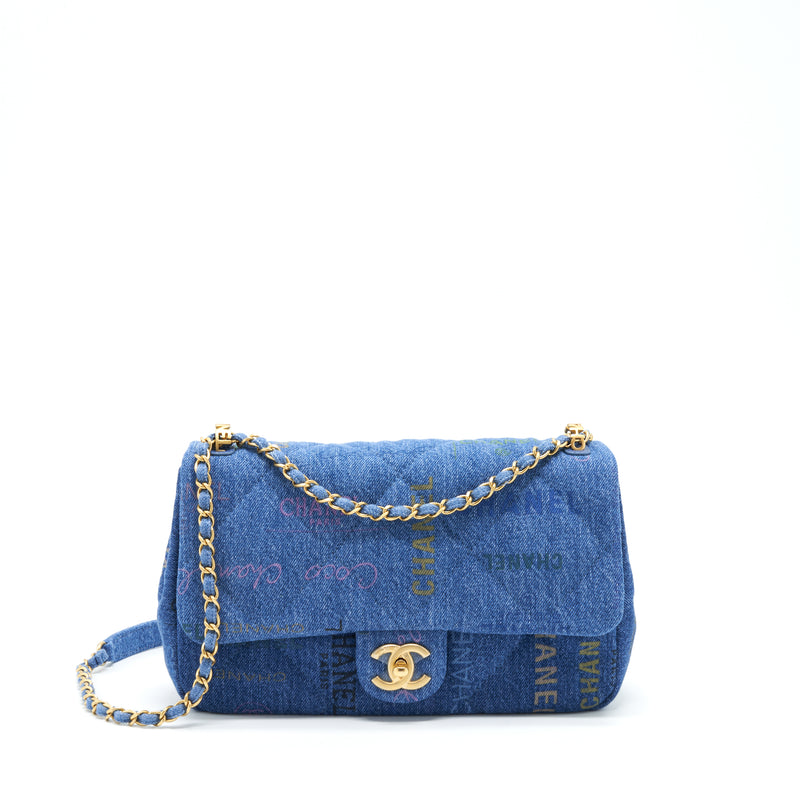 Chanel 22P Multicolor Denim Logo Flap Bag 28cm Blue GHW (Microchip)