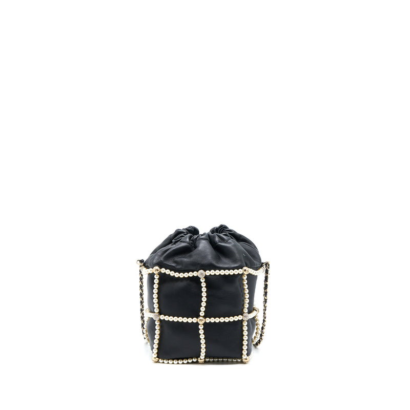 Chanel Bucket Crystal CC Logo Pearl Chain Bag Lambskin Black SHW