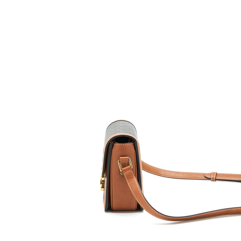 Celine Teen Triomphe Bag In Triomphe Canvas And Calfskin Tan