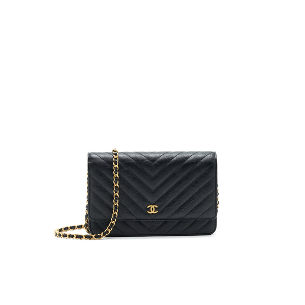 CHANEL CHEVRON WALLET ON CHAIN BLACK GHW CALFSKIN