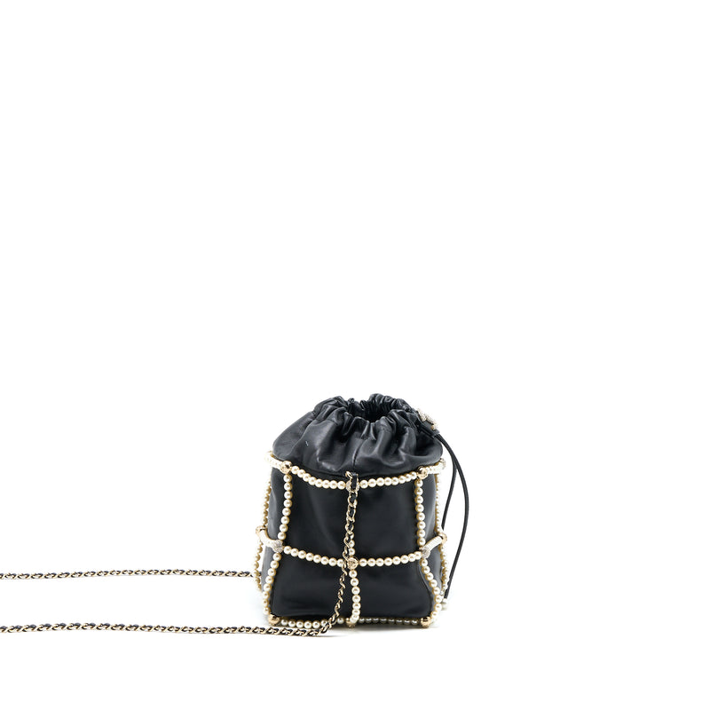 Chanel Drawstring Round Bucket Bag Pearl Embellished Quilted