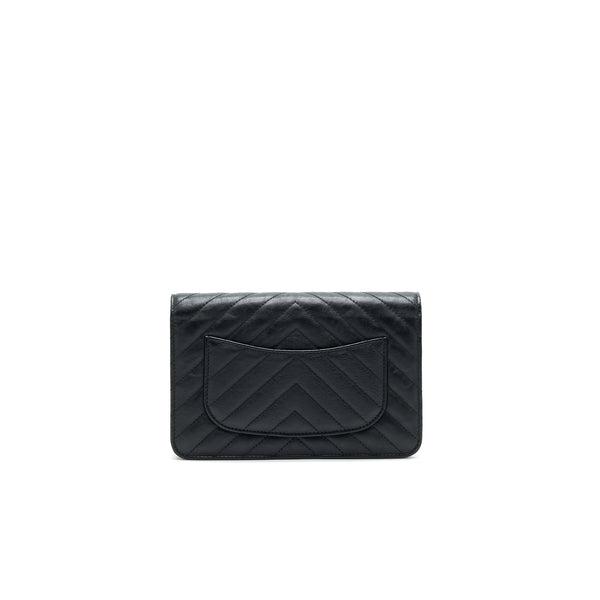 CHANEL CHEVRON WALLET ON CHAIN BLACK GHW CALFSKIN