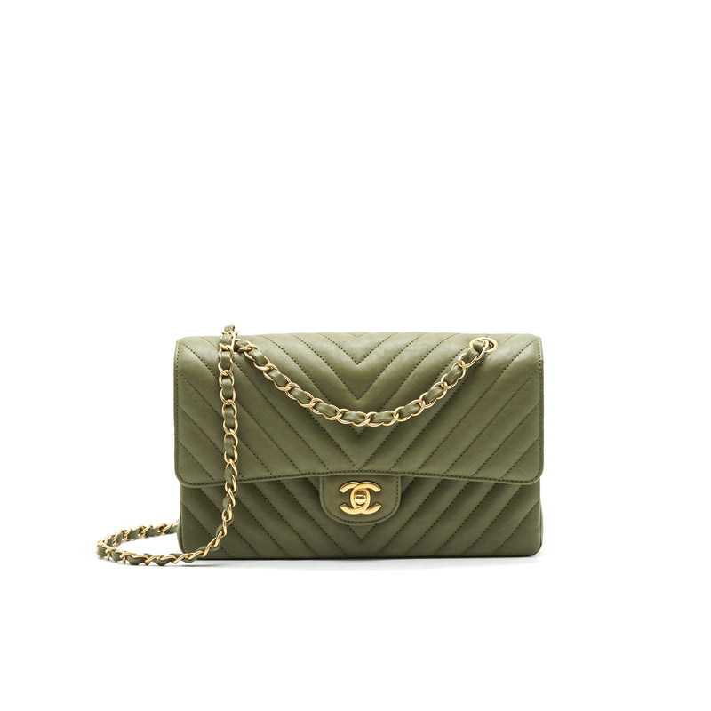 Chanel Olive Green Chevron Quilted Lambskin Surpique Tote