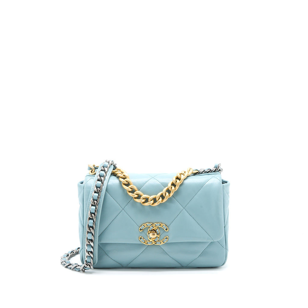 Chanel 19 Flap Bag Quilted Printed Silk Maxi Blue